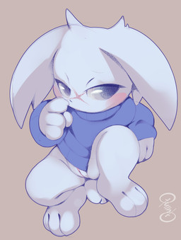 3_toes 4_fingers anthro blue_clothing blue_sweater blue_topwear blush bottomless bottomless_anthro bottomless_female clitoris clothed clothing facial_scar feet female female_anthro fingers front_view fur genitals looking_at_viewer looking_away plantigrade scar scut_tail short_tail simple_background solo sweater sweater_only tail toes topwear topwear_only vulva white_body white_fur quinto cave_story sue_sakamoto lagomorph mammal mimiga 2025 digital_drawing_(artwork) digital_media_(artwork) full-length_portrait hi_res portrait shaded signature