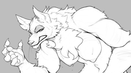 anthro big_breasts biped bodily_fluids breasts chest_tuft female female_anthro fur grey_background half-closed_eyes narrowed_eyes navel nipples nude nude_anthro nude_female simple_background solo sweat tuft whiskers watsup mythology canid canine mammal mythological_canine mythological_creature werecanid werecanine werecreature werewolf 16:9 black_and_white digital_drawing_(artwork) digital_media_(artwork) hatching_(art) monochrome shaded widescreen