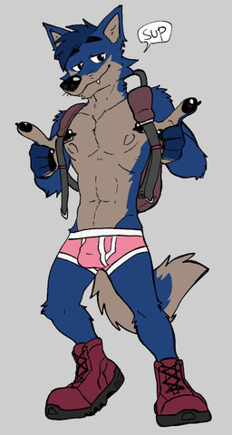 anthro backpack blue_body blue_fur blue_hair boots briefs clothed clothing countershading dialogue footwear fur gesture greeting grey_background grey_body grey_countershading hair half-closed_eyes hand_gesture looking_at_viewer male narrowed_eyes navel nipples pink_briefs pink_clothing pink_underwear pointing pointing_at_viewer sharp_teeth shoes simple_background smile solo teeth text topless topless_male underwear v-cut bactover canid canine canis mammal wolf digital_media_(artwork) english_text hi_res