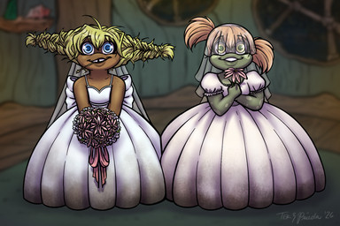 anthro clothing dress duo female mud shortstack wedding wedding_dress wedding_veil tekandprieda the_rune_tapper pucker_(tekandprieda) smooch_(tekandprieda) amphibian frog toad_(frog) 3:2 digital_media_(artwork) hi_res