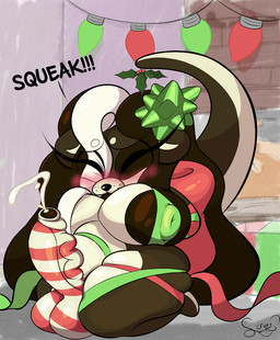 accessory accidental_holly anthro areola arms_tied balls bdsm belly belly_squish big_balls big_belly big_breasts big_butt big_nipples big_penis blonde_highlights blush bodily_fluids bondage bound bow_ribbon breast_squish breasts brown_hair butt cum cumshot ejaculation eyes_closed genital_fluids genitals gynomorph hair hair_accessory highlights_(coloring) holidays holly_(plant) holly_on_tail intersex lips markings nipples otter_tail penis plant puffy_areola puffy_nipples ribbon_bondage ribbon_in_hair ribbon_restrained ribbons slightly_chubby slightly_chubby_gynomorph slightly_chubby_intersex solo squeak squeaking squish striped_markings stripes tail thick_bottom_lip thick_lips thick_penis thick_thighs thigh_squish vein veiny_penis wide_hips scrudy christmas bella_(scrudy) mammal mustelid otter hi_res