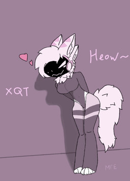 4_ears breasts claws clothing female fluffy fluffy_tail footwear fur fur_markings hands_behind_back heart_symbol inner_ear_fluff machine markings multi_ear pink_body pink_ears pink_fur pink_inner_ear pink_inner_ear_fluff pink_tail protogen_visor shadow socks solo tail text tuft fun_ovo humanoid protogen english_text