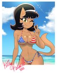 american_flag_bikini anthro beach bikini black_hair breasts cleavage clothed clothing curvy_figure female flag_bikini front_view gesture green_eyes hair hand_gesture holidays hourglass_figure looking_at_viewer one_eye_closed outside photo pupils seaside skimpy_bikini sky slit_pupils small_waist solo standing sun_glare swimwear two-piece_swimsuit v_sign wide_hips wink huwon 4th_of_july nickelodeon t.u.f.f._puppy kitty_katswell domestic_cat felid feline felis mammal colored half-length_portrait hi_res portrait shaded signature