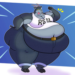 anthro belly belt belt_buckle big_belly big_breasts big_butt blue_background bottomwear breasts buckle butt cleavage clothed clothing crop_top denim denim_bottomwear denim_clothing ear_piercing ear_tag emanata female fingers flexing flexing_bicep fur grey_body grey_fur hand_on_hip hand_on_own_hip hooved_fingers hooved_plantigrade hooved_toes hooves horizontal_pupils horn huge_belly huge_breasts huge_butt huge_thighs jeans looking_at_viewer morbidly_obese morbidly_obese_anthro morbidly_obese_female navel obese obese_anthro obese_female overweight overweight_anthro overweight_female pants piercing plantigrade pupils radial_speed_lines scut_tail shirt short_tail side_butt simple_background solo speed_lines tail text text_on_clothing text_on_shirt text_on_topwear thick_thighs tongue tongue_out topwear yellow_eyes doormahoganny coffee_stain_studios epic_games fortnite goat_simulator pilgor_(goat_simulator) bovid caprine goat mammal 1:1 2026 hi_res
