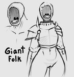 armor big_mouth_(anatomy) genitals jaw macro navel pussy solo teeth text unusual_anatomy uvula nekuzx giant_folk_(nekuzx) humanoid english_text greyscale hi_res monochrome