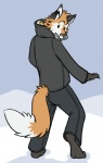 anthro barefoot biped black_body black_fur bottomwear claws clothed clothing day dipstick_tail feet fully_clothed fur green_eyes looking_back male markings orange_body orange_fur outside pants rear_view snow solo standing tail tail_markings white_body white_fur catinyourcloset hoods avian bird canid canine fox mammal unavailable_at_source