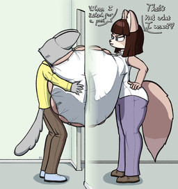 anthro anthro_on_anthro big_breasts breast_grab breast_play breasts bulging_breasts clothed clothed_anthro clothed_female clothed_male clothed_sex clothing collared_shirt dialogue doorway dress_shirt duo face_in_breasts female female_anthro hand_on_breast huge_breasts hyper hyper_breasts inside male male/female male_anthro penis_silhouette sex shirt stuck tail titfuck titfuck_under_clothes topwear unprofessional_behavior sherbetjester canid canine canis domestic_dog fox mammal 2026 absurd_res digital_media_(artwork) hi_res