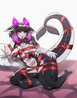 anthro bed big_breasts biped bow_ribbon breast_squish breasts facial_markings female female_anthro furniture glowing glowing_horn head_markings horn looking_at_viewer lying lying_on_bed markings on_bed reclining ribbons solo squish thick_thighs thigh_squish wide_hips waz_zz aquatic cetacean dolphin mammal oceanic_dolphin orca toothed_whale absurd_res hi_res