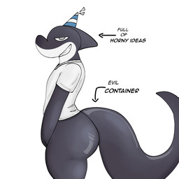 anthro clothing hat headgear headwear male party_hat shirt solo text topwear a_simple_guy_hat dani_(julionoob100) aquatic cetacean dolphin fish hybrid mammal oceanic_dolphin orca shark toothed_whale 1:1 english_text hi_res