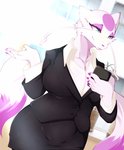 5_fingers anthro belly big_breasts breasts cellphone clothed clothing electronics female fingers fur green_eyes phone pokemorph smartphone solo suit white_body white_fur geiru_mirua nintendo pokemon generation_5_pokemon mammal mienshao pokemon_(species) absurd_res hi_res