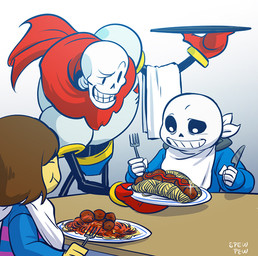 bone chef clothing cutlery eating food fork fruit group hat headgear headwear kitchen_utensils knife male meatball not_furry pasta plant plate skeleton spaghetti tomato tools spewspew undertale undertale_(series) frisk_(undertale) papyrus_(undertale) sans_(undertale) animated_skeleton human hybrid mammal undead