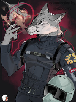 anthro armor clothing gloves handwear headgear helmet male military smoking soldier solo tactical uniform warrior canid canine canis mammal wolf 3:4 absurd_res digital_media_(artwork) hi_res