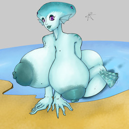 anthro beach big_breasts blue_body blue_skin breasts female glistening glistening_body glistening_skin huge_breasts hyper hyper_breasts looking_at_viewer monster_girl_(genre) purple_eyes sand sitting smile solo teal_body teal_skin thick_thighs water wide_hips yaginoko nintendo ocarina_of_time the_legend_of_zelda princess_ruto aquatic zora 1:1 absurd_res full-length_portrait hi_res portrait