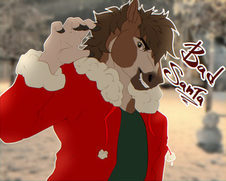 anthro clothed clothing coat costume fur hair holidays male santa_costume simple_background smile solo teeth text topwear shyryp christmas broderick_longshanks equid equine horse mammal absurd_res digital_media_(artwork) english_text hi_res