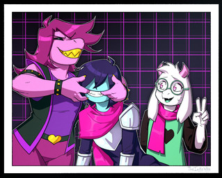 armor blue_body blue_skin bracelet clothing curved_horn eyes_closed eyewear female floppy_ears fur gesture glasses grin group hair hair_over_eyes hand_gesture horn jewelry male open_mouth open_smile purple_hair robe scarf shirt smile studded_armlet studded_bracelet studded_jewelry studs t-shirt topwear trio v_sign vest white_body white_fur white_hair wide_eyed naughtyjester deltarune undertale_(series) kris_dreemurr ralsei susie_(deltarune) boss_monster_(undertale) dinosaur human mammal prehistoric_species reptile scalie hi_res