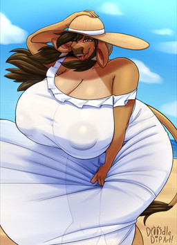 anthro beach big_breasts breasts clothing cloud dress female hat headgear headwear huge_breasts nipple_outline one_eye_closed overweight overweight_anthro overweight_female sand sea sky solo text thick_thighs water wide_hips wink doodle_dip bovid bovine cattle mammal 2024 artist_name english_text hi_res