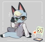 anthro blonde_hair blush brown_eyes cellphone clothed clothing duo electronics eyewear glasses green_eyes hair heart_symbol heterochromia male phone simple_background zsloth animal_crossing nintendo marshal_(animal_crossing) raymond_(animal_crossing) domestic_cat felid feline felis mammal rodent sciurid tree_squirrel absurd_res hi_res