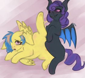 bodily_fluids drooling female female/female feral saliva scissor_position wings breezepawlt hasbro my_little_pony mythology fan_character bat_pony equid equine mammal mythological_creature mythological_equine pegasus hi_res