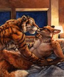 anthro bed bedroom black_body black_fur black_stripes blue_eyes brown_body brown_fur detailed_fur duo eye_contact fur furniture kissing looking_at_another love male male/male nude orange_body orange_fur romantic romantic_ambiance romantic_couple striped_body striped_fur stripes whiskers yellow_eyes kenket rukis kyell_gold out_of_position devlin_miski wiley_farrel canid canine felid fox mammal pantherine red_fox tiger true_fox detailed hi_res painting_(artwork) traditional_media_(artwork) traditional_painting_(artwork)