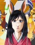 anthro asian_clothing black_hair bottomwear clothed clothing deer east_asian_clothing female hair hakama hi_res humanoid japanese_clothing kisuzu_rumina long_ears long_hair mammal natsuki_shinohara red_bottomwear red_clothing red_hakama solo studio_chizu summer_wars