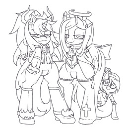 anthro cross ear_piercing eye_patch eyewear feathered_wings feathers female fur group hair halo hooves horn long_hair male piercing simple_background tail white_background wings radioscope friendship_is_magic hasbro my_little_pony mythology fluttershy_(mlp) pipsqueak_(mlp) twilight_sparkle_(mlp) earth_pony equid equine horse mammal mythological_creature mythological_equine pegasus pony unicorn hi_res monochrome