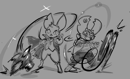 4_fingers anthro big_ears biped black_nose closed_smile clothed clothing duo female fingers grey_background holding_object holding_weapon male motion_lines mouth_closed open_mouth open_smile sharp_teeth simple_background smile standing teeth tongue weapon yo-yo pendulxsway mina_the_hollower pipistrello_and_the_cursed_yoyo yacht_club_games mina_(mina_the_hollower) pippit_pipistrello bat mammal mouse murid murine rodent 2026 hi_res monochrome