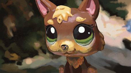 :3 ambiguous_gender big_eyes big_head chibi feral glistening glistening_eyes green_eyes realistic realistic_lighting realistic_shading solo toy starpaw0007 hasbro littlest_pet_shop lps_2137 canid canine canis domestic_dog mammal absurd_res hi_res