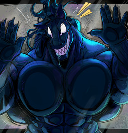 abs against_surface anthro barazoku big_muscles big_pecs black_body black_hair bodily_fluids claws drooling glass_surface hair hands_on_glass huge_muscles huge_pecs looking_at_viewer male manly muscular muscular_anthro muscular_arms muscular_male no_pupils on_glass pecs pecs_on_glass saliva seductive sharp_teeth smile smiling_at_viewer solo teeth thick_arms white_sclera its_coldpizza marvel horse_venom venom_(marvel) alien equid equine mammal monster symbiote absurd_res hi_res