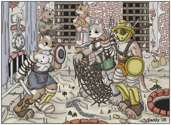 anthro armor blood bodily_fluids chain collar gladiator group headgear helmet leather leather_armor male melee_weapon net polearm pteruges rope shield shinguards spear spiked_collar spikes sword warrior weapon wounded paddywoof_(artist) 2006