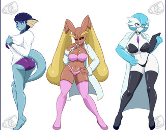anthro clothing female female_anthro lingerie looking_at_another looking_at_viewer one-piece_swimsuit pose standing swimwear pok-zone nintendo pokemon dr._voir fan_character mer_(ed-nsfw) miss_lopunny eeveelution gardevoir generation_1_pokemon generation_3_pokemon generation_4_pokemon humanoid lopunny pokemon_(species) shiny_pokemon vaporeon absurd_res hi_res