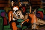 ambiguous_gender anthro blonde_hair cuddling detailed_background fur hair looking_at_viewer nude orange_body orange_fur raining reading romantic romantic_couple the_auroran_archive young farfener canid canine canis domestic_dog fox mammal colored half-length_portrait hi_res portrait