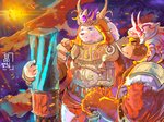 anthro armor brown_body brown_fur clothed clothing detailed_background duo facial_markings fur hat head_markings headgear headwear humanoid_hands kemono male markings outside slightly_chubby sunset white_body white_fur 6heiang27 sdorica crushfang_(sdorica_sunset) dagger_(sdorica_sunset) bear mammal polar_bear ursine 2021 4:3 hi_res