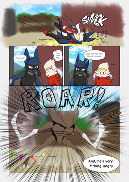 4_panel_comic ambiguous_gender anthro biped black_text blue_body blue_fur brown_body claws cloud day dialogue ellipsis exclamation_point eyes_closed fur group looking_at_another motion_lines open_mouth outside paws pupils purple_eyes question_mark red_body red_eyes red_fur scut_tail short_tail sky sound_effects speech_bubble tail talking_to_another text tongue trio white_body white_fur white_sclera white_text novaarts nintendo pokemon pokemon_mystery_dungeon spike_chunsoft hopps_(novaarts) lu_(novaarts) fossil_pokemon generation_1_pokemon generation_4_pokemon generation_8_pokemon kabutops pokemon_(species) raboot riolu 2025 absurd_res comic english_text hi_res female_(lore) male_(lore)