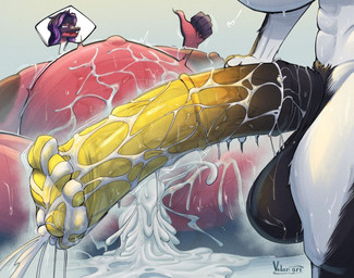 animal_genitalia animal_penis bodily_fluids cum cum_inflation cum_inside duo equine_genitalia equine_penis female genital_fluids genitals gynomorph inflation intersex intersex/female navel nipples penis volan_art melina_(volan_art) vira_(jinsang) reptile scalie snake tagme