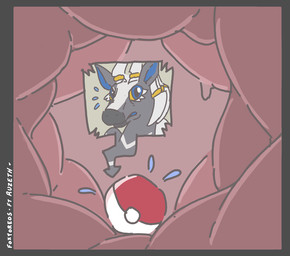 accessory blue_eyes dreadlocks feral feral_prey grey_body hair_accessory hair_tie internal male male_prey mane organs pokeball_vore stomach stripes vore conditional_dnp foxyoreos nintendo pokemon fan_character ruzestrika generation_5_pokemon pokemon_(species) zebstrika