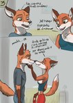 accessory anthro brown_eyes canid canine clothing comic dialogue duo female fox green_eyes hi_res husband_and_wife male male/female mammal married_couple red_clothing spanish_text text touching_face translated wolfyalex96