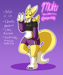 black_sclera bottomwear clothed clothing female flat_chested fully_clothed gesture hand_gesture purple_eyes shirt shorts smug solo tail text topwear v_sign the_hookaloof bandai_namco digimon multi_(hookaloof) canid digimon_(species) mammal renamon absurd_res english_text hi_res sibling_(lore) sister_(lore)