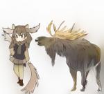 2019 animal_humanoid antlers beady_eyes biped black_clothing black_eyes black_topwear blush bottomwear breasts brown_body brown_bottomwear brown_clothing brown_fur brown_hair brown_horn brown_skirt brown_tail clothed clothing curious deer deer_humanoid dewlap_(anatomy) duo eyebrows female feral footwear full-length_portrait fully_clothed fur hair hand_on_hip hatching_(art) holding_object hooves horn human_and_animal_ears humanoid iceeye_ena japanese kemono_friends legwear light_body light_skin looking_at_another male mammal mammal_humanoid moose moose_(kemono_friends) moose_humanoid multi_ear necktie new_world_deer new_world_deer_humanoid pleated_skirt portrait quadruped shaded shadow shoes short_tail simple_background skirt smile snout standing sweater sweater_vest tail tan_body tan_horn tan_skin thigh_highs topwear vest white_background