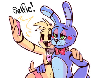 anthro beakless black_nose blue_body bow_tie duo electronics eyeshadow feathers female fingers green_eyes half-closed_eyes holding_object long_ears machine makeup male narrowed_eyes navel phone selfie tail tail_feathers teeth tongue yellow_body yellow_feathers marlartsce five_nights_at_freddy's five_nights_at_freddy's_2 scottgames toy_bonnie_(fnaf) toy_chica_(fnaf) animatronic avian bird chicken galliform lagomorph leporid mammal phasianid rabbit robot 2015