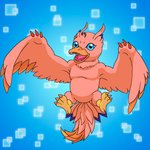 ambiguous_gender beak blue_background blue_eyes blue_markings claws evolution evolution_(transformation) feathers feral markings open_mouth orange_body orange_feathers pink_body pink_feathers simple_background solo teeth toe_claws transformation charlesdoodles bandai_namco digimon avian birdramon biyomon digimon_(species) 1:1 hi_res