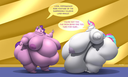 5_fingers 5_toes anthro belly big_belly big_breasts breasts duo eyebrows feet female fingers fur green_eyes holding_object huge_belly huge_breasts hyper hyper_belly intersex morbidly_obese morbidly_obese_anthro morbidly_obese_female nipples obese obese_anthro obese_female overweight overweight_anthro overweight_female pink_body pink_fur pink_nipples purple_nipples tail teal_eyes text toes white_body white_fur doublef-returns hasbro mlp_g5 my_little_pony pipp_petals_(mlp) zipp_storm_(mlp) equid equine horse mammal pony english_text hi_res shaded