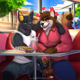 anthro balls beverage blush bodily_fluids bottomwear bulge cafeteria clothed clothing container cuddling cum cum_string cumshot detailed_bulge ejaculation erection erection_under_clothing food fries fur furniture genital_fluids genital_outline genitals group hair half-closed_eyes hand_on_penis handjob humanoid_genitalia humanoid_penis looking_at_another looking_pleasured male male/male milkshake narrowed_eyes open_bottomwear open_clothing open_pants orgasm orgasm_face pants penile penis penis_outline public public_sex sex shirt shorts sitting smile stealth_sex tank_top teeth topwear nekochan002 bat canid canine canis domestic_dog mammal 1:1 digital_media_(artwork) hi_res