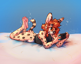 5_toes anthro big_ears bottomless bottomless_anthro bottomless_female braided_hair butt calves_up casual_exposure closed_smile clothed clothed_anthro clothed_female clothing eyewear feet female female_anthro fingers foot_focus fur fur_markings glasses hair humanoid_feet humanoid_hands looking_at_object lying markings mouth_closed on_front plantigrade red_hair round_glasses shirt simple_background smile soles solo spots spotted_body spotted_fur striped_markings striped_tail stripes tail tail_markings tank_top the_pose three-quarter_view tinted_glasses toes topwear wearing_glasses pimstacja nintendo nintendo_switch pistacja felid feline mammal serval 2024 absurd_res dated english_description full-length_portrait hi_res portrait
