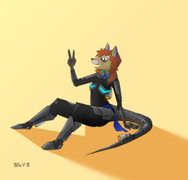 anthro armor female gesture hair hand_gesture looking_at_viewer orange_hair propeller simple_background solo v_sign 10ne-v aquatic archaeocete cetacean mammal pakicetid pakicetus prehistoric_species absurd_res hi_res
