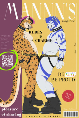 anthro boots bracelet bulge clothing colar duo footwear jewelry jockstrap lgbt_pride magazine male male/male shoes smile underwear zaykowo lgbt_pride_month ych_(character) felid leopard mammal pantherine tiger charlie_(disambiguation) reuben_(disambiguation) absurd_res hi_res