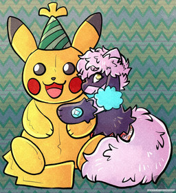 ambiguous_gender anthro blush blush_lines clean_diaper clothed clothing diaper diaper_only fluffy fluffy_tail fur furaffinity_handle hat headgear headwear hug hugging_object hugging_plushie kneeling logo multicolored_body multicolored_fur party_hat pattern_background pikachu_plushie pink_body pink_fur plushie pokeball_print purple_body purple_fur simple_background smile solo tail text topless two_tone_body two_tone_fur wearing_diaper young young_anthro subdivisions nintendo pokemon winter_(thewinterriolu) generation_1_pokemon generation_4_pokemon pikachu pokemon_(species) riolu 2021 artist_logo artist_name hi_res