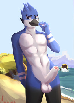 anthro athletic balls beach exhibitionism foreskin genitals humanoid_genitalia humanoid_penis male muscular muscular_male nude nude_beach outdoor_nudity outside pecs penis presenting presenting_penis public public_nudity seaside smoking solo sun mucdraco cartoon_network regular_show mordecai_(regular_show) avian bird blue_jay corvid hybrid jay_(bird) new_world_jay oscine passerine absurd_res hi_res