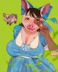 anthro bangs belly big_breasts blue_clothing blue_dress blush bow_ribbon breasts brown_eyes brown_hair clothing cottagecore dress female gesture hair leaf looking_at_viewer markings short_hair simple_background slightly_chubby slightly_chubby_female solo spots spotted_body wind catlizzard_(artist) farm_merge_valley domestic_pig mammal suid suina sus_(pig) 2024 absurd_res digital_media_(artwork) hi_res huge_filesize