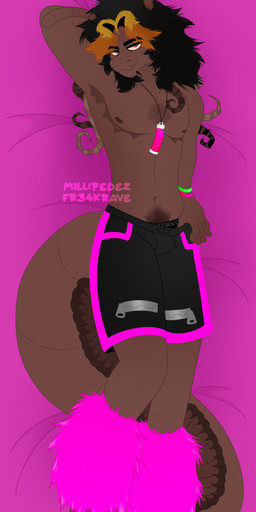 antennae_(anatomy) anthro body_hair body_pillow brown_body clothing dakimakura dark_hair dreadlocks fluffy glowstick happy_trail leg_warmers legwear lying male piercing pillow pink_bed pubes rave segmented_tail smile smirk solo stubble fr34krave m1llipedez arthropod millipede myriapod absurd_res hi_res trans_(lore) trans_man_(lore)