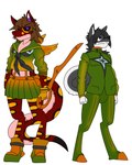 4:5 angry anthro bottomwear clothing gemini_the_sergal gloves goo_suit group handwear hi_res holding_object holding_weapon looking_at_viewer male male/male multicolored_body servo117 shape_shifter skirt symbol tail trio weapon wings